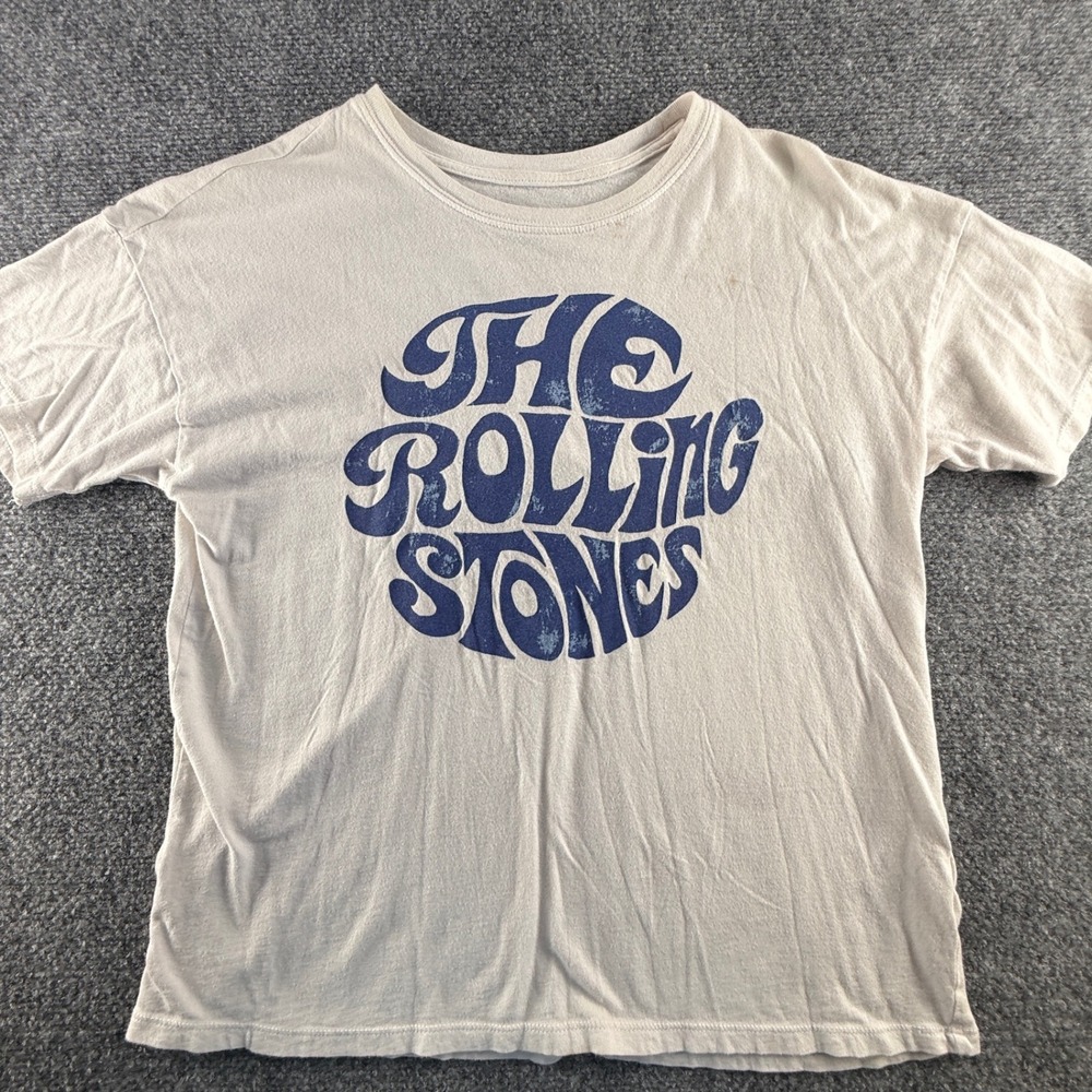 American Eagle Rolling Stones Graphic T-Shirt Cream Blue XS Rock N Roll Lyric